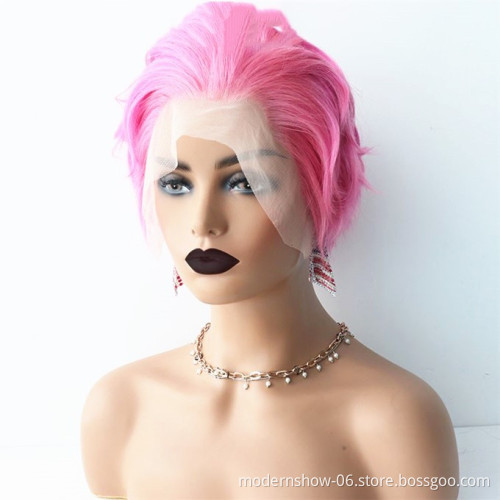 Short Pixie Cut Lace Frontal BOB Wig Pink Color, 100% Virgin Remy Pre-Plucked Lace Front Human Hair Wigs For Black Women